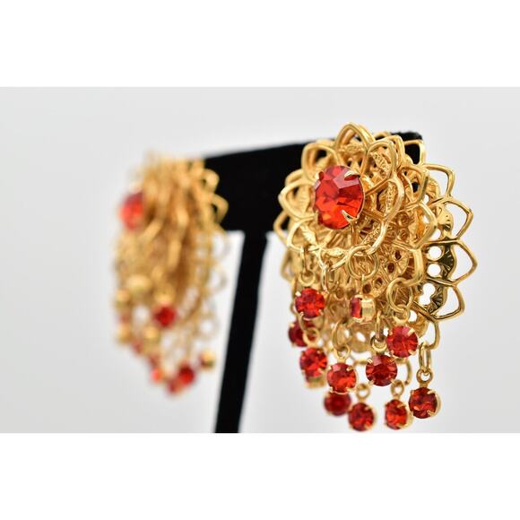 Vintage Dangle Clip On Earrings Coral Rhinestone Crystal Chandelier 1980s BinW - Picture 2 of 12